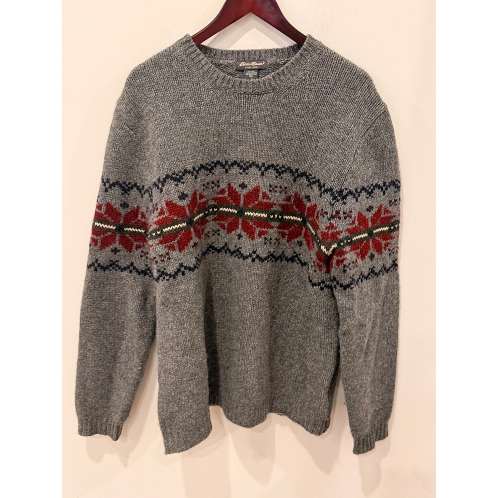 Eddie Bauer 100% Wool Fair Isle Sweater Mens Large Tall Gray Snowflake 1356